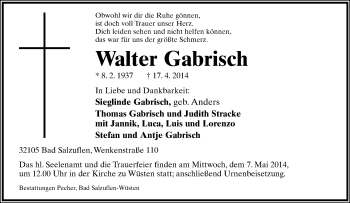 Anzeige  Walter Gabrisch  Lippische Landes-Zeitung