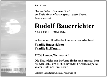 Anzeige  Rudolf Bauerrichter  Lippische Landes-Zeitung