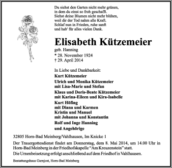Anzeige  Elisabeth Kützemeier  Lippische Landes-Zeitung