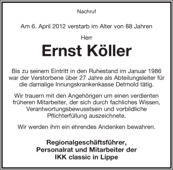 Anzeige  Ernst Köller  Lippische Landes-Zeitung