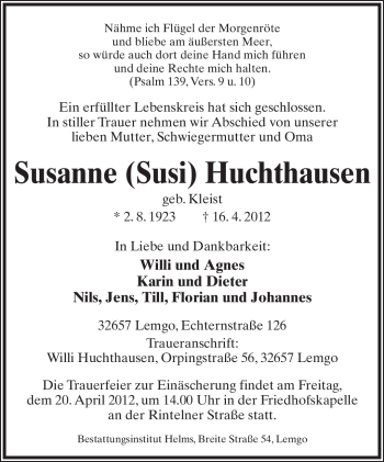Anzeige  Susanne Huchthausen  Lippische Landes-Zeitung