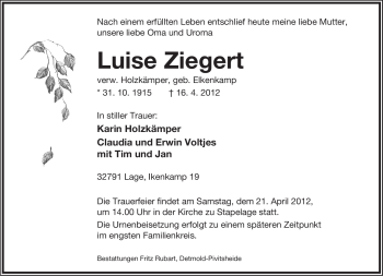 Anzeige  Luise Ziegert  Lippische Landes-Zeitung