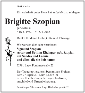 Anzeige  Brigitte Szopian  Lippische Landes-Zeitung