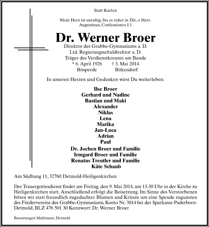  Traueranzeige für Werner Broer vom 06.05.2014 aus Lippische Landes-Zeitung