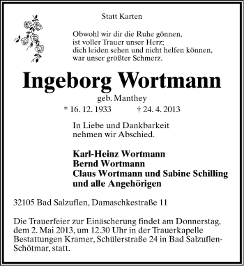Anzeige  Ingeborg Wortmann  Lippische Landes-Zeitung