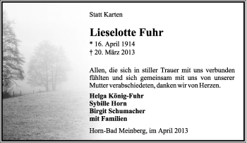 Anzeige  Lieselotte Fuhr  Lippische Landes-Zeitung