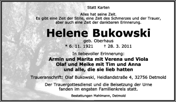 Anzeige  Helene Bukowski  Lippische Landes-Zeitung
