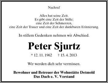 Anzeige  Peter Sjurtz  Lippische Landes-Zeitung