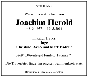 Anzeige  Joachim Herold  Lippische Landes-Zeitung