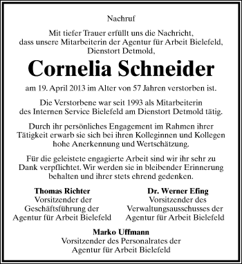 Anzeige  Cornelia Schneider  Lippische Landes-Zeitung