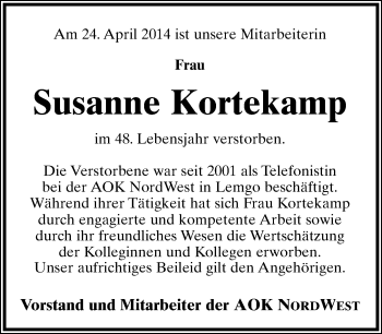 Anzeige  Susanne Kortekamp  Lippische Landes-Zeitung