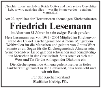 Anzeige  Friedrich Lesemann  Lippische Landes-Zeitung