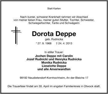 Anzeige  Dorota Deppe  Lippische Landes-Zeitung