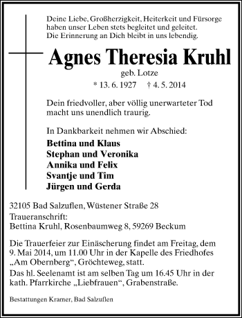Anzeige  Agnes Theresia Kruhl  Lippische Landes-Zeitung