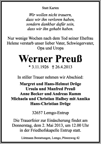 Anzeige  Werner Preuß  Lippische Landes-Zeitung