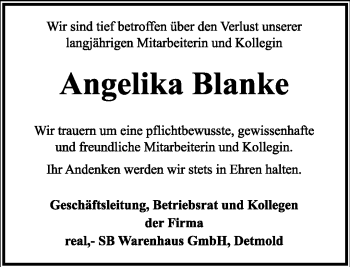 Anzeige  Angelika Blanke  Lippische Landes-Zeitung