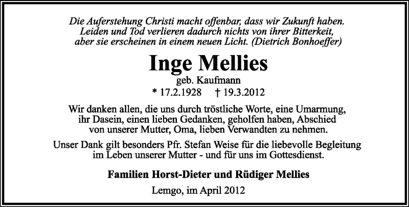  Traueranzeige für Ingeborg Mellies vom 21.04.2012 aus Lippische Landes-Zeitung