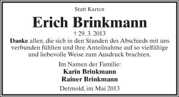 Anzeige  Erich Brinkmann  Lippische Landes-Zeitung