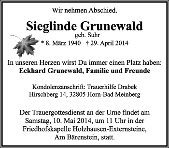 Anzeige  Sieglinde Grunewald  Lippische Landes-Zeitung