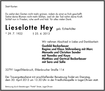 Anzeige  Lieselotte Hey  Lippische Landes-Zeitung