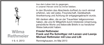 Anzeige  Wilma Rethmeier  Lippische Landes-Zeitung