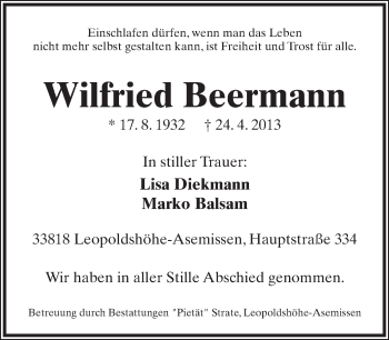 Anzeige  Wilfried Beermann  Lippische Landes-Zeitung