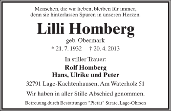 Anzeige  Lilli Homberg  Lippische Landes-Zeitung