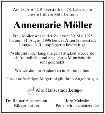 Anzeige  Annemarie Möller  Lippische Landes-Zeitung