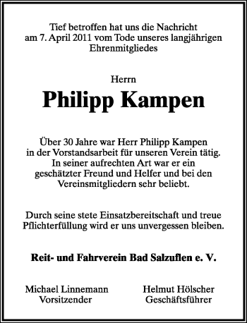 Anzeige  Philipp Kampen  Lippische Landes-Zeitung