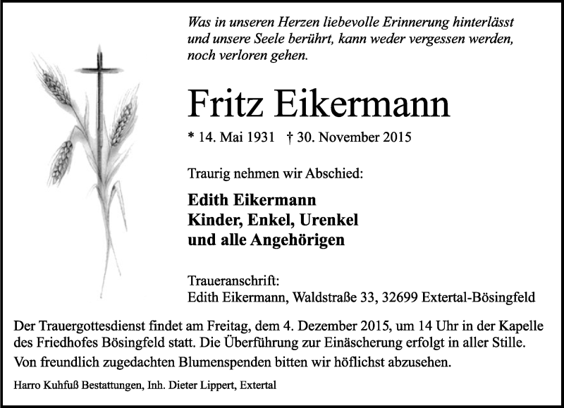  Traueranzeige für Fritz Eikermann vom 02.12.2015 aus Lippische Landes-Zeitung