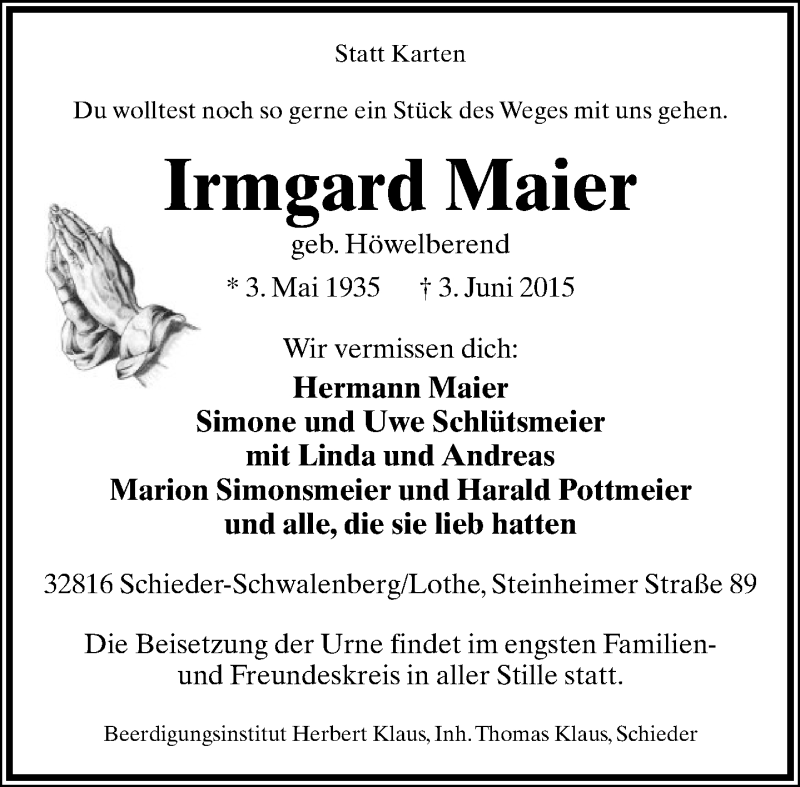  Traueranzeige für Irmgard Maier vom 13.06.2015 aus Lippische Landes-Zeitung