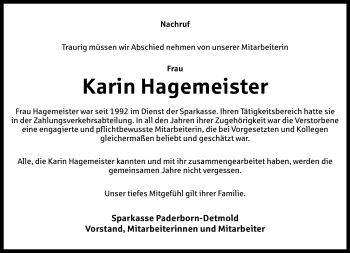Anzeige  Karin Hagemeister  Lippische Landes-Zeitung