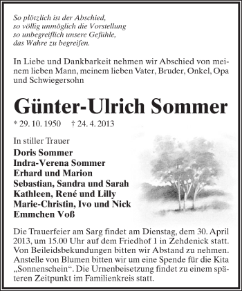 Anzeige  Günter-Ulrich Sommer  Lippische Landes-Zeitung