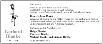 Anzeige  Gerhard Blanke  Lippische Landes-Zeitung