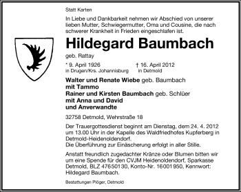 Anzeige  Hildegard Baumbach  Lippische Landes-Zeitung
