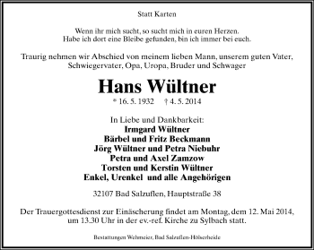 Anzeige  Hans Wültner  Lippische Landes-Zeitung