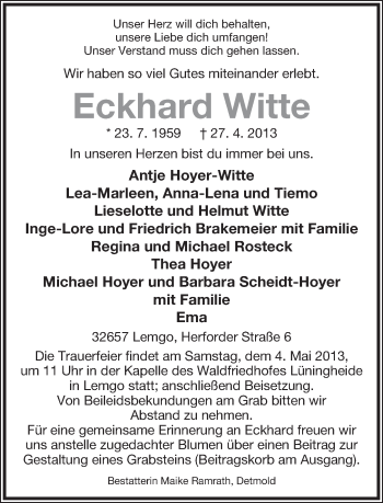 Anzeige  Eckhard Witte  Lippische Landes-Zeitung