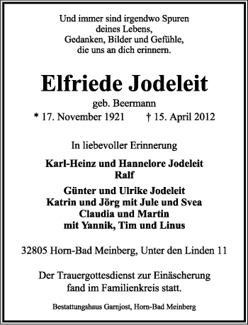 Anzeige  Elfriede Jodeleit  Lippische Landes-Zeitung