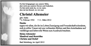 Anzeige  Christel Altemeier  Lippische Landes-Zeitung