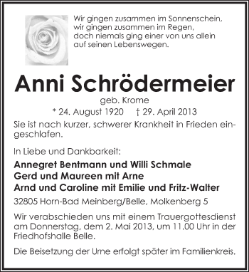 Anzeige  Anni Schrödermeier  Lippische Landes-Zeitung