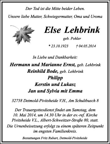 Anzeige  Else Lehbrink  Lippische Landes-Zeitung