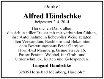 Anzeige  Alfred Händschke  Lippische Landes-Zeitung