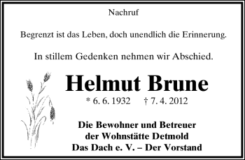 Anzeige  Helmut Brune  Lippische Landes-Zeitung