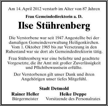 Anzeige  Ilse Stührenberg  Lippische Landes-Zeitung