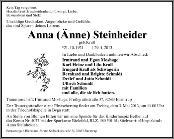 Anzeige  Anna Steinheider  Lippische Landes-Zeitung