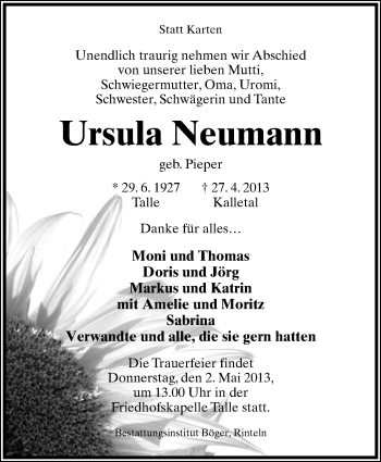 Anzeige  Ursula Neumann  Lippische Landes-Zeitung