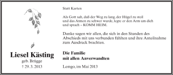 Anzeige  Liesel Kästing  Lippische Landes-Zeitung