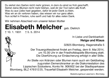 Anzeige  Elisabeth Melcher  Lippische Landes-Zeitung