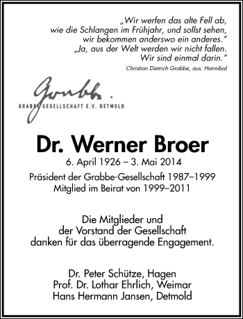 Anzeige  Werner Broer  Lippische Landes-Zeitung