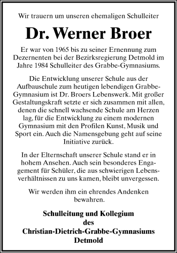 Anzeige  Werner Broer  Lippische Landes-Zeitung